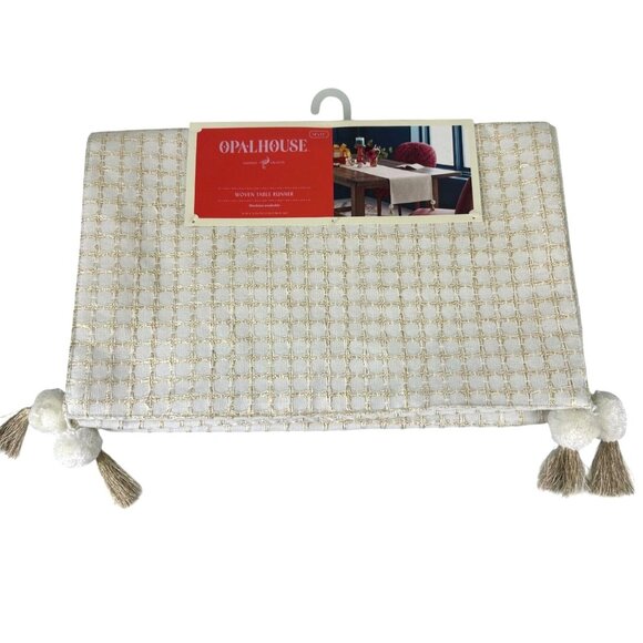 Opal House Woven Table Runner Cream Gold Metallic Sparkle Bohemian Tassels NEW - Picture 1 of 16